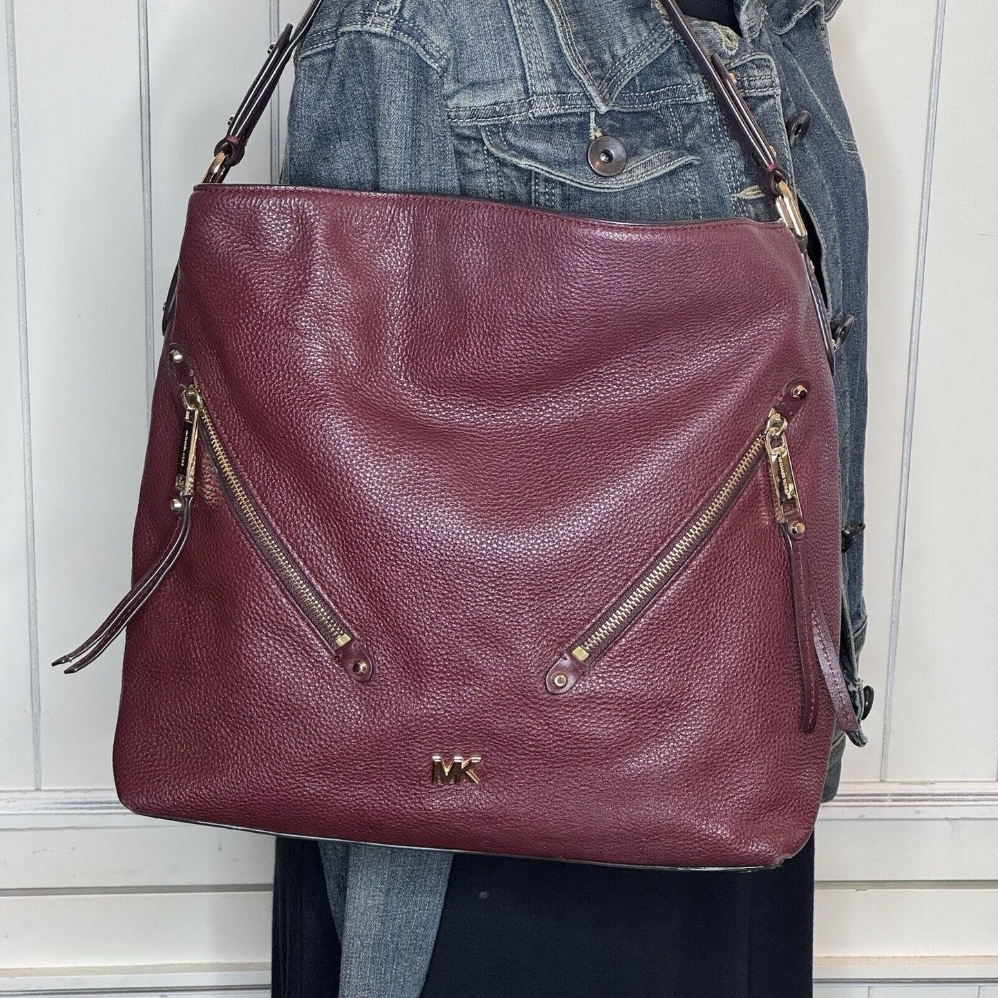 Michael Kors Deep Maroon Large Pebbled Leather Shoulder Bag Handbag Purse