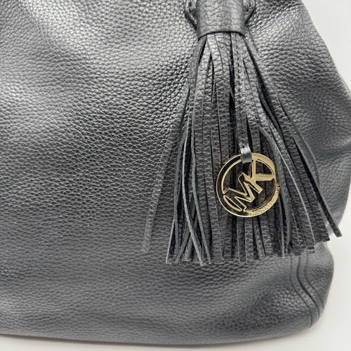 Large Michael Kors Black Pebbled Leather Hand Bag Shoulder Purse Tassel Charm