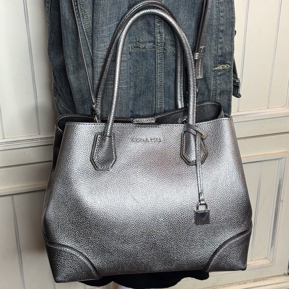 Michael Kors Gunmetal Silver Metallic Double Handle Purse Bag Crossbody Strap